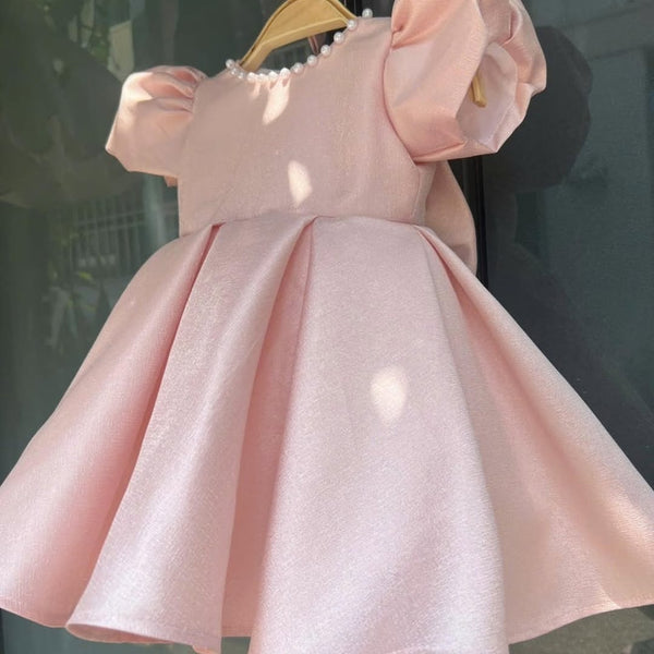 Baby pink Raw Silk Frock for winters