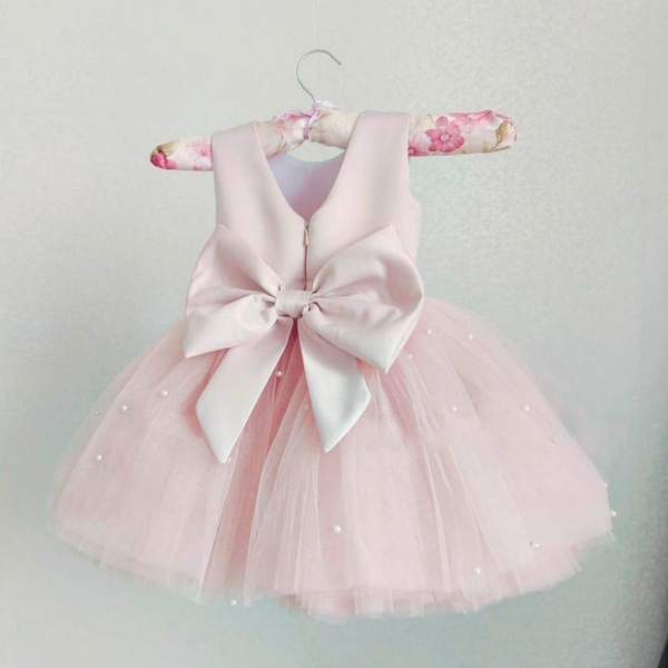 "Blush Petal Pearl Dress – Tulle Party Gown with Oversized Bow"