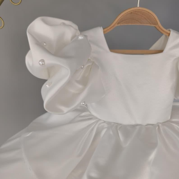 "Snow Pearl Princess – White Satin Puff Sleeve Dress with Back Bow"