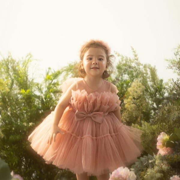 "Peach Garden Dream – Ruffle Tulle Dress with Statement Bow for Baby Girls"