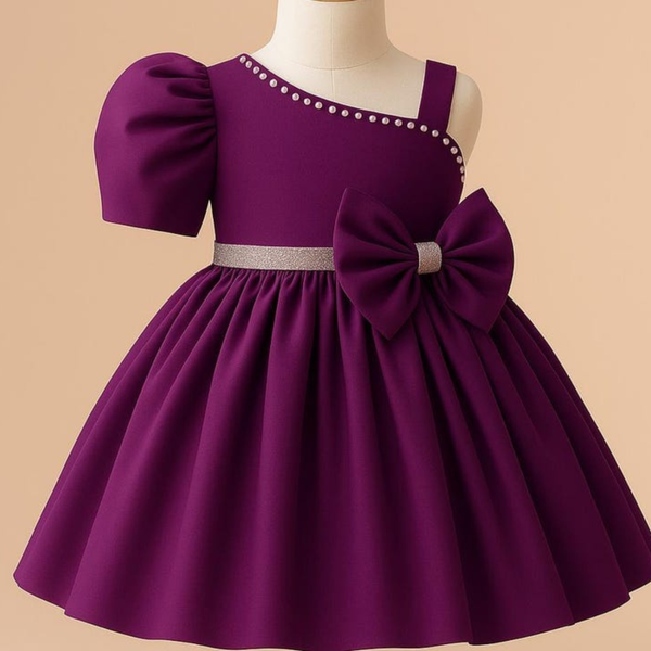 "Regal Amethyst Dream – One Shoulder Bow Dress for Baby Girls"