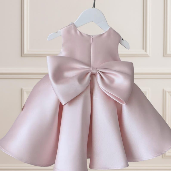 "Blush Pearl Elegance – Satin Baby Girl Dress with Front & Back Bows"