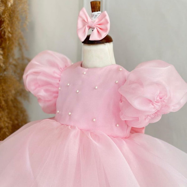 "Blush Blossom – Pearl Puff Sleeve Tulle Dress for Baby Girls"